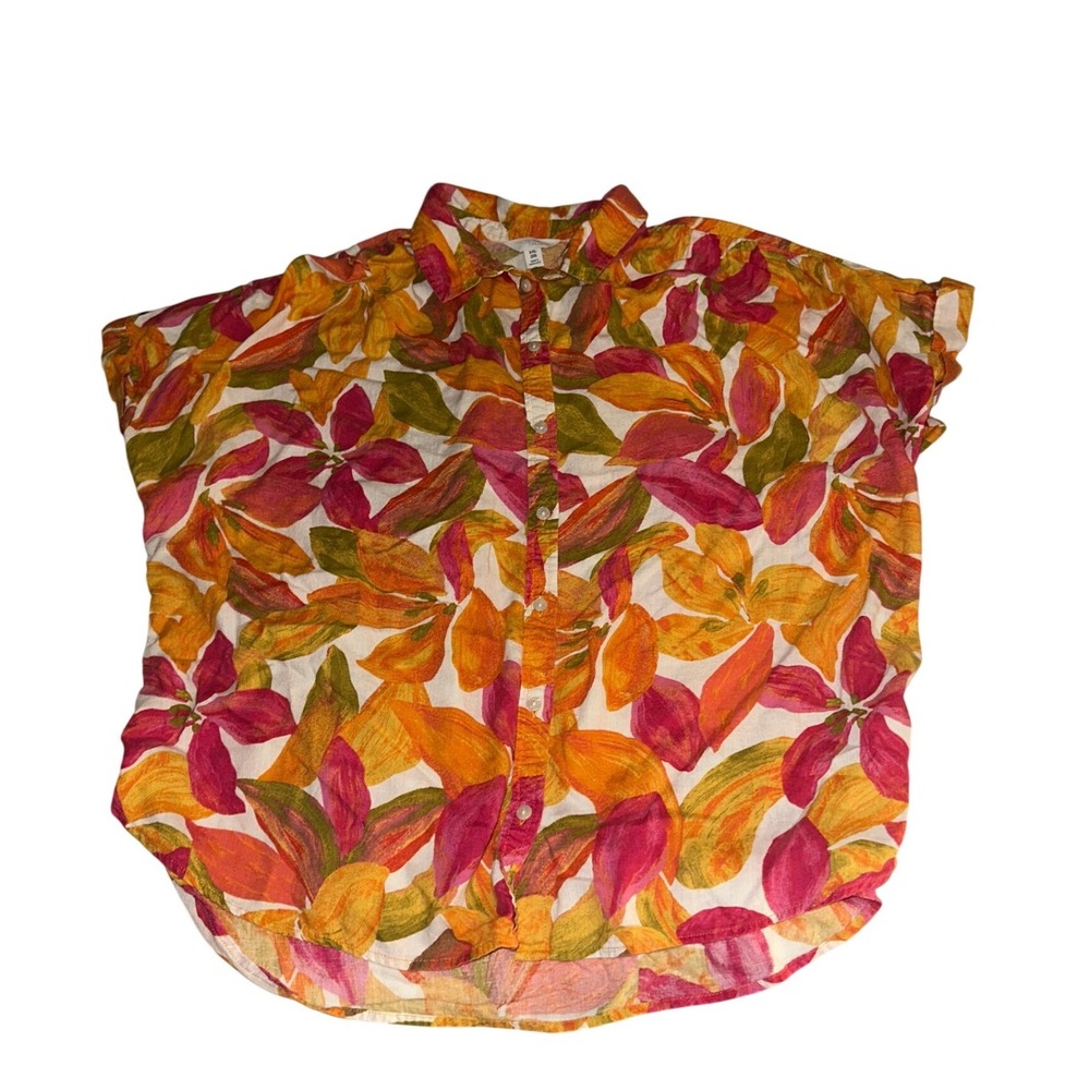Time and Tru Linen Blend Tropical Floral SS Button Up Shirt Orange Pink XXL